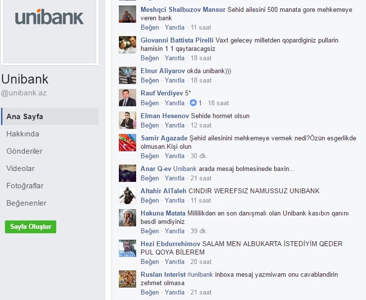 "Facebook" istifadəçiləri "Unibank"ı öz səhifəsində topa tutdular - Şəhid ailəsininin məhkəməyə verilməsi kütləvi qəzəbə səbəb oldu